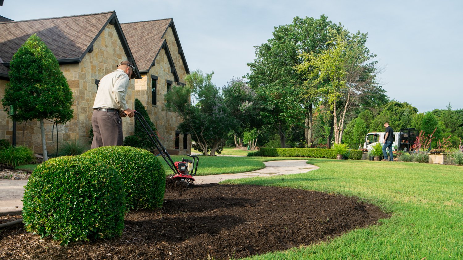 rototiller bed prep landscaping truck lawn team